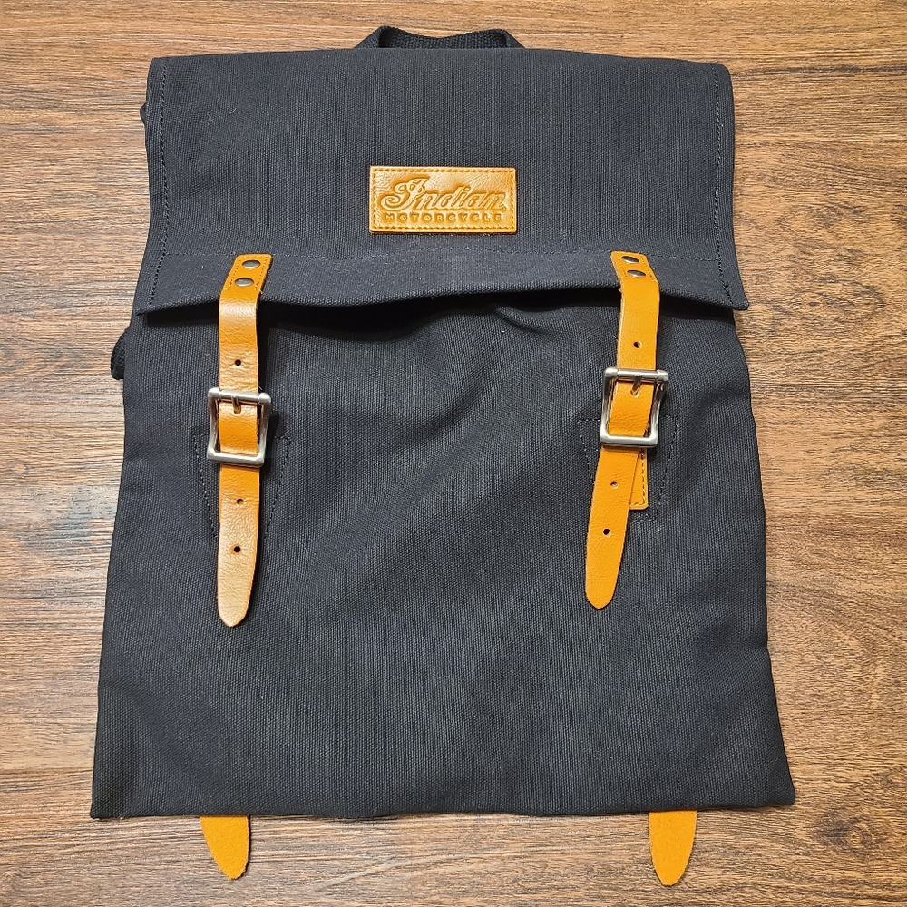 Indian Motorcycle Black Canvas Leather Backpack NWOT